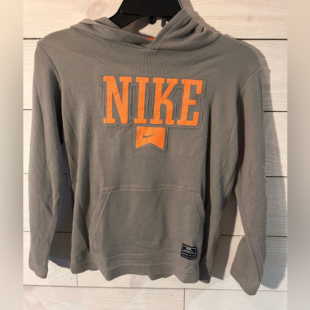 Nike Charcoal Hoodie with Vibrant Orange Accent. Youth boys. Small.